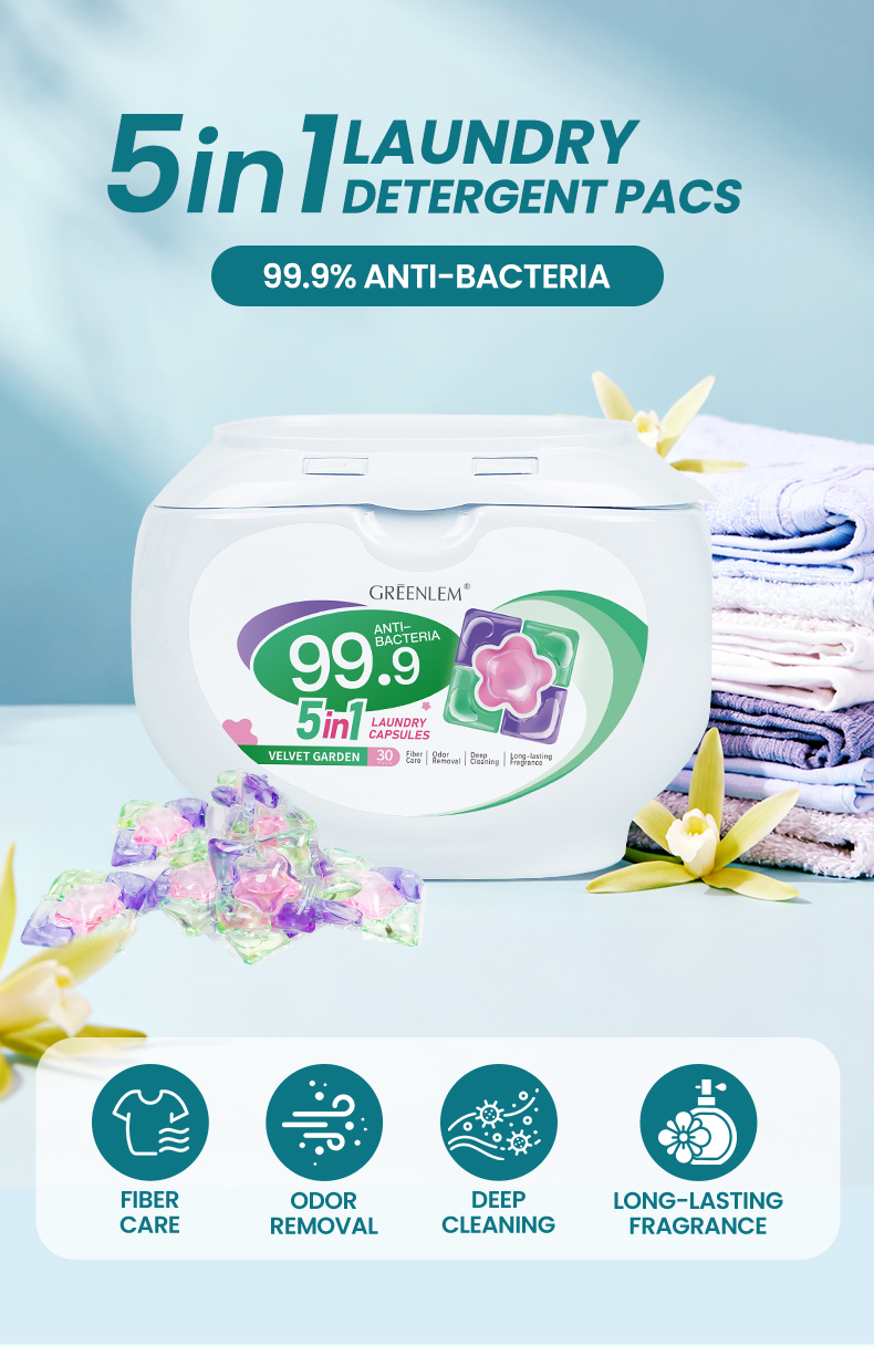 High Quality 5-in-1 Satin Removal DisposableDetergent Capsules Biodegradable Laundry Pods folApparel OEM Private Label Solid(pic1)