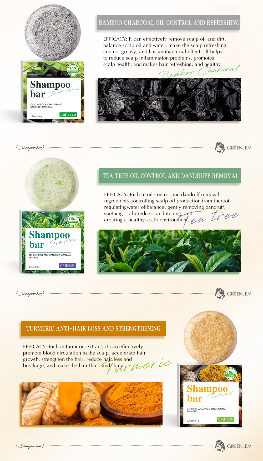 GreenLem SHAMPOO BAR TEATREE LAVENDER ROSE BAMBOO CHARCOAL TURMERIC(pic4)