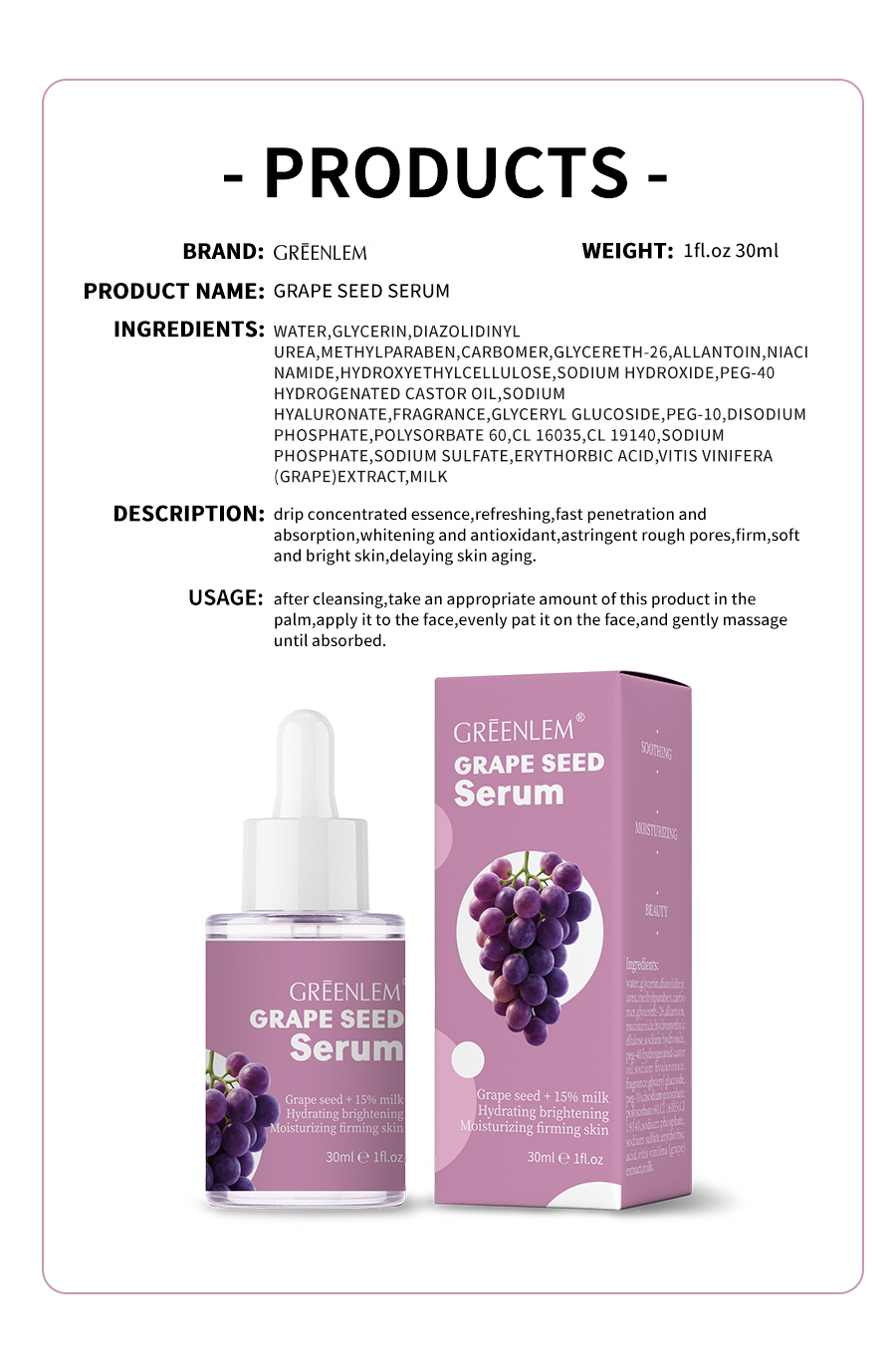 Greenlem GRAPE SEED Serum Grape Seed + 15% MilkHydrating Brightening Moisturizing Firming Skin(pic5)