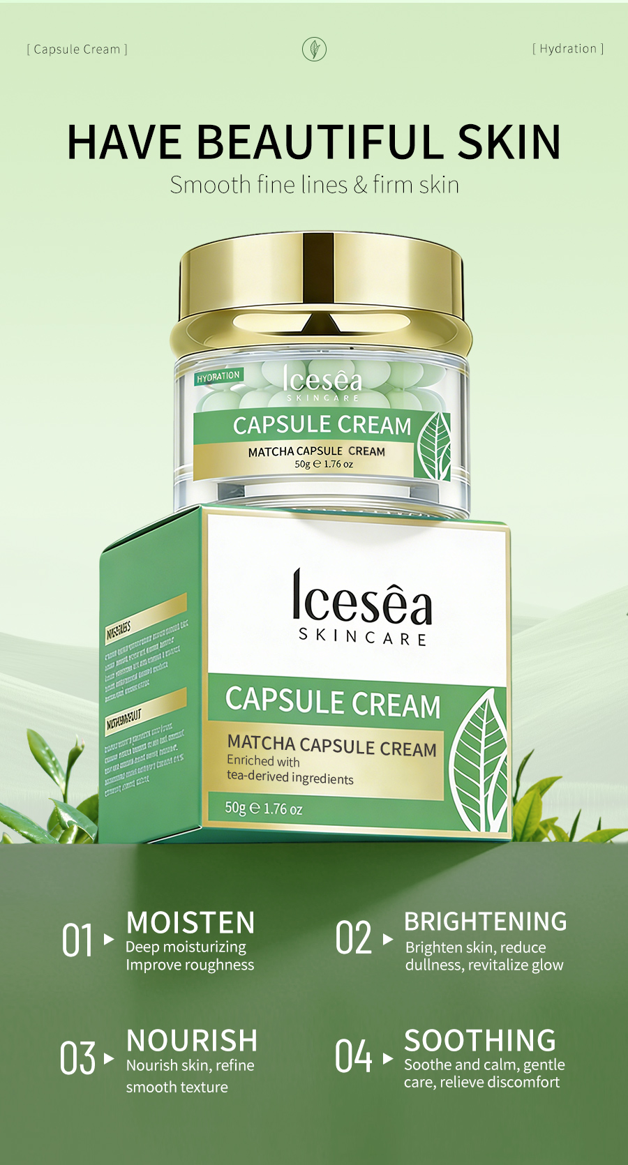 OEM: Matcha Capsule Cream Hydrating Facial Moisturizer with Soothing Green Tea Extract for Smooth Bright Skin Care Benefits(pic3)