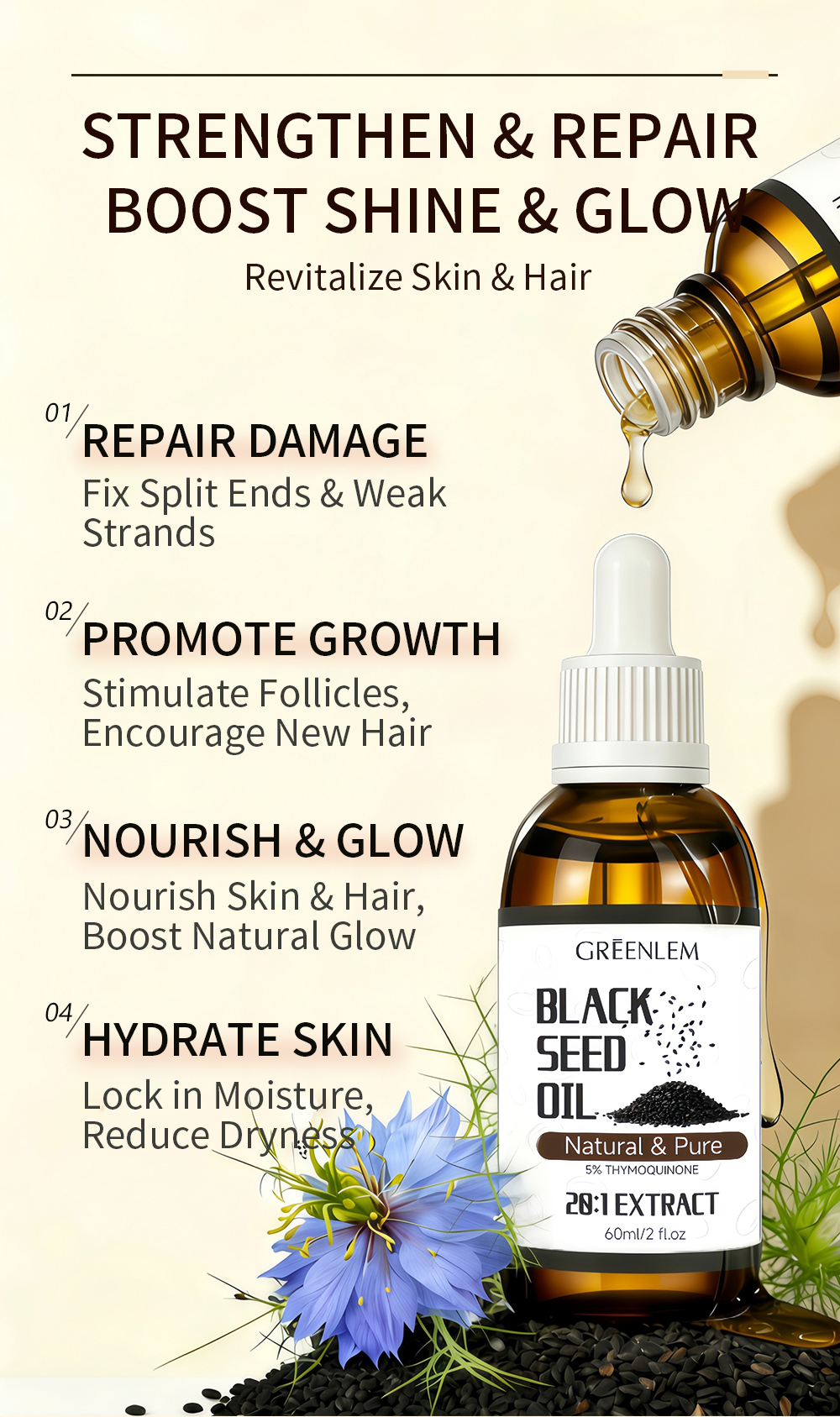 GREENLEM Black Seed Oil Serum Repair Split Ends Hair Growth Hydrate Skin 5% Thymoglutonine 28:1 Extract 60ml(pic3)