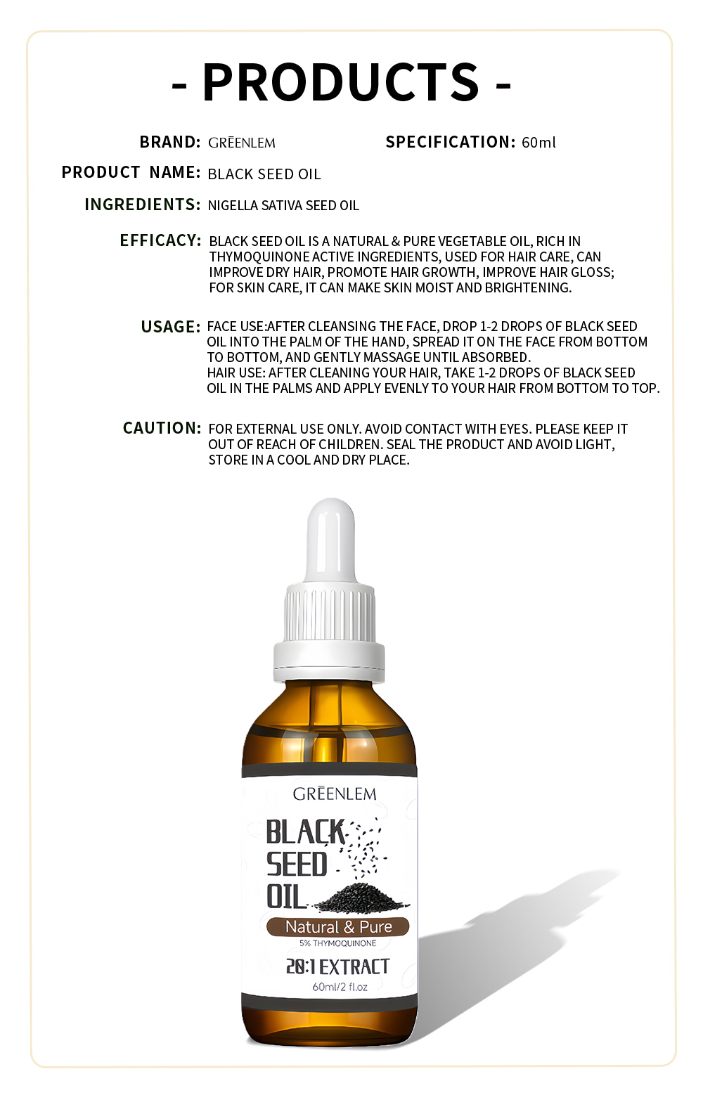 GREENLEM Black Seed Oil Serum Repair Split Ends Hair Growth Hydrate Skin 5% Thymoglutonine 28:1 Extract 60ml(pic5)