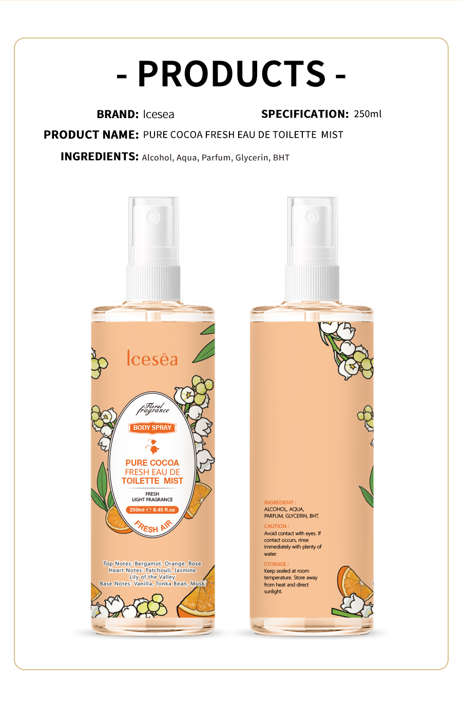 Private Label Pure Cocoa Body Mist, OEM Fresh Eau de Toilette Spray, Wholesale Fragrance Mist(pic4)
