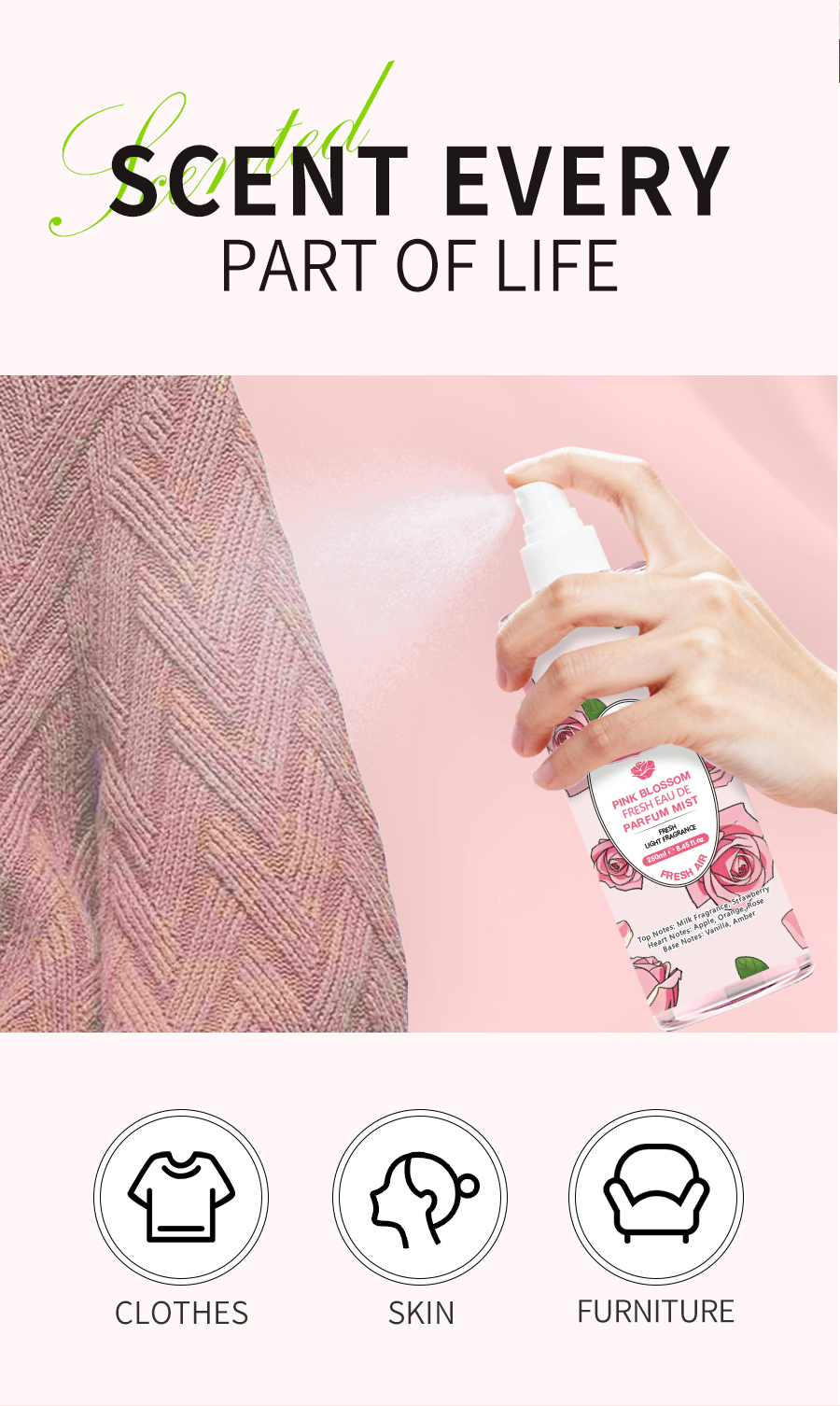 OEM:Pink Floral Language Body Mist Spray Light Perfume Apple Citrus Rose Long Lasting Odor Neutralizer for Women Men Daily Use(pic2)