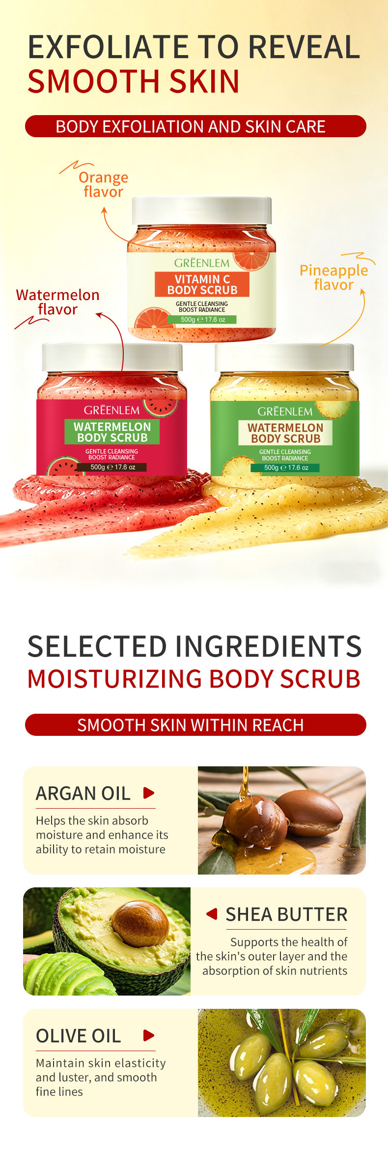 GREENLEM Avocado Coconut Body Scrub Gentle Cleansing Boost Radiance Exfoliating 300g/10.5oz(pic2)