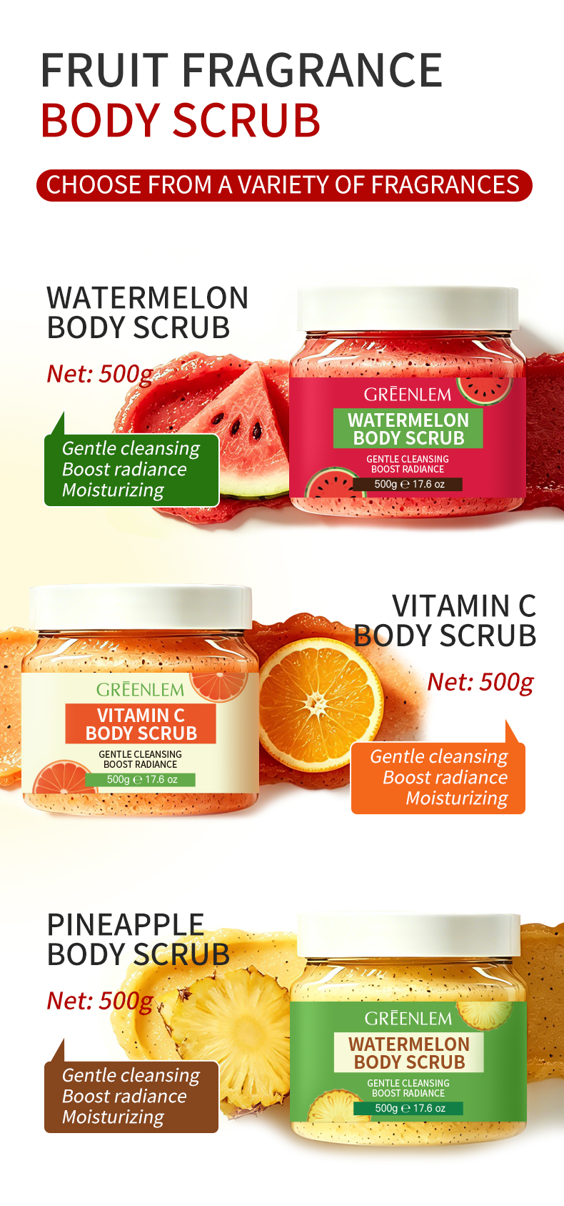 GREENLEM Avocado Coconut Body Scrub Gentle Cleansing Boost Radiance Exfoliating 300g/10.5oz(pic3)