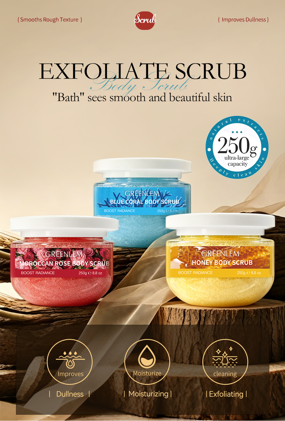 GREENLEM Honey Body Scrub Gentle Cleansing Boost Radiance Exfoliating 250g/8.8oz(pic1)