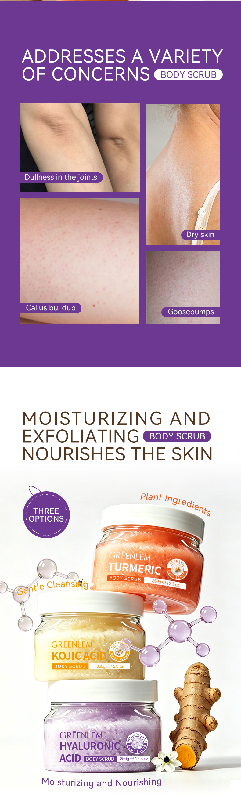 GREENLEM Turmeric Kojic Acid Body Scrub Dark Spot Fading Even Skin Tone 350g/12.3oz(pic2)