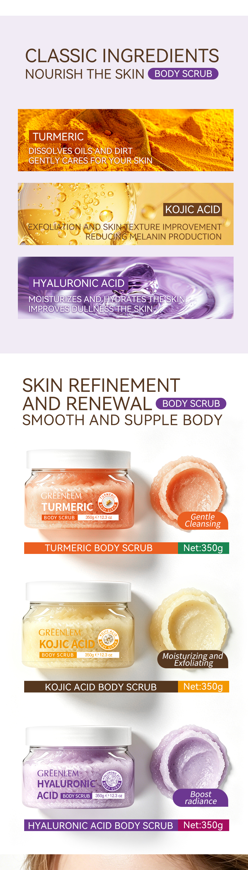 GREENLEM Turmeric Kojic Acid Body Scrub Dark Spot Fading Even Skin Tone 350g/12.3oz(pic3)