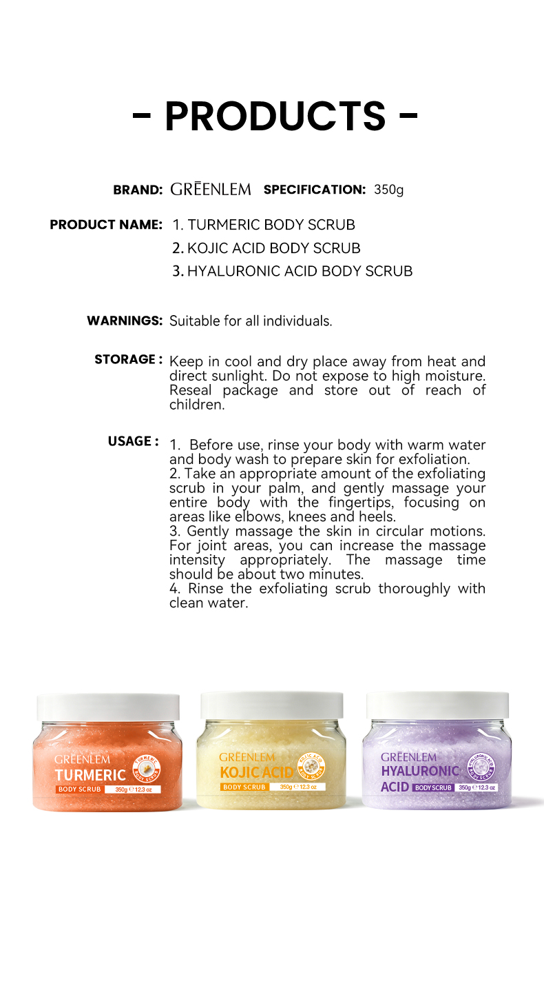 GREENLEM Turmeric Kojic Acid Body Scrub Dark Spot Fading Even Skin Tone 350g/12.3oz(pic5)