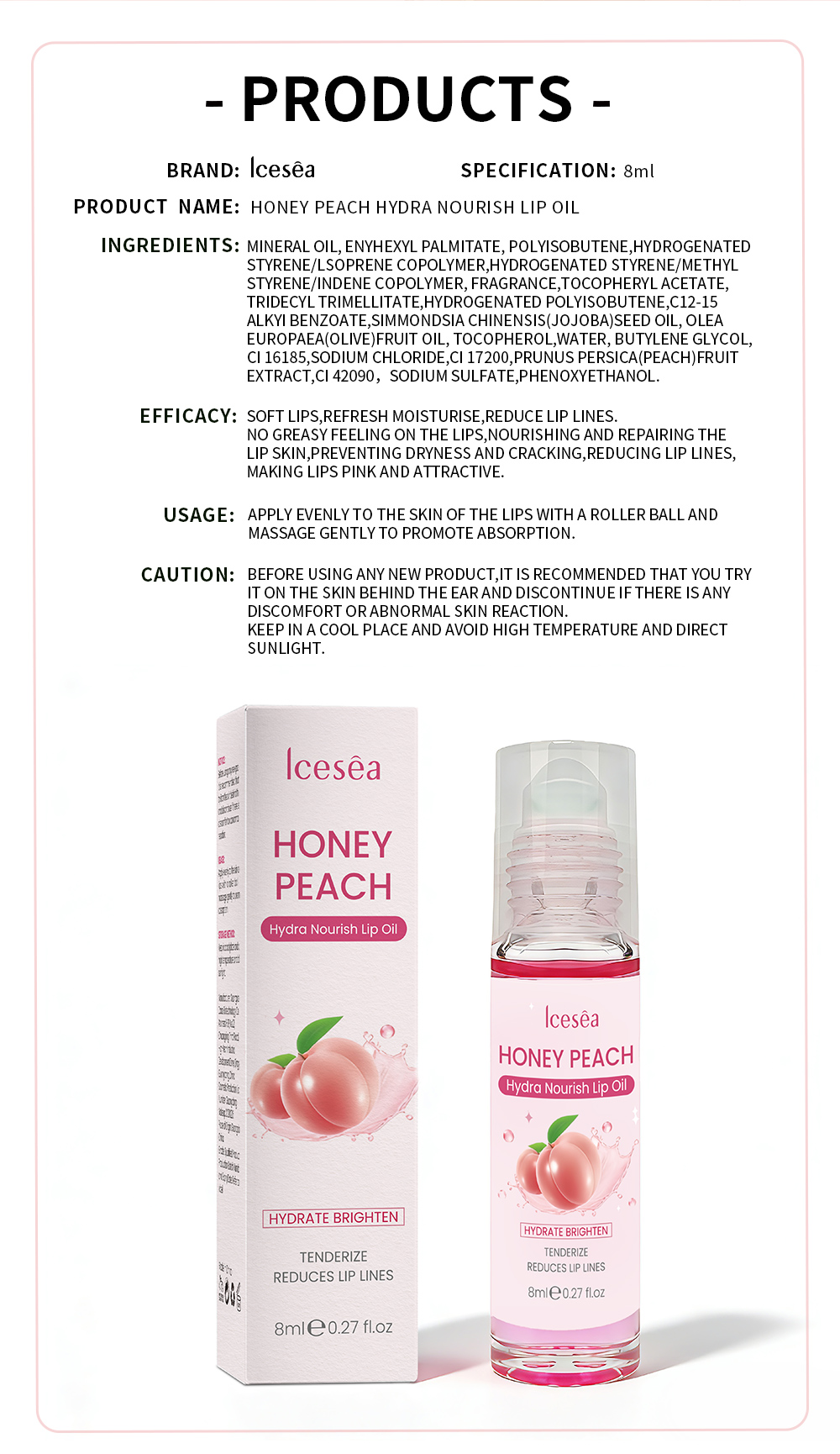 Icesea Honey Peach Lip Oil 8ml Hydrating Nourishing Lip Gloss Reduces Lip Lines OEM Wholesale(pic5)