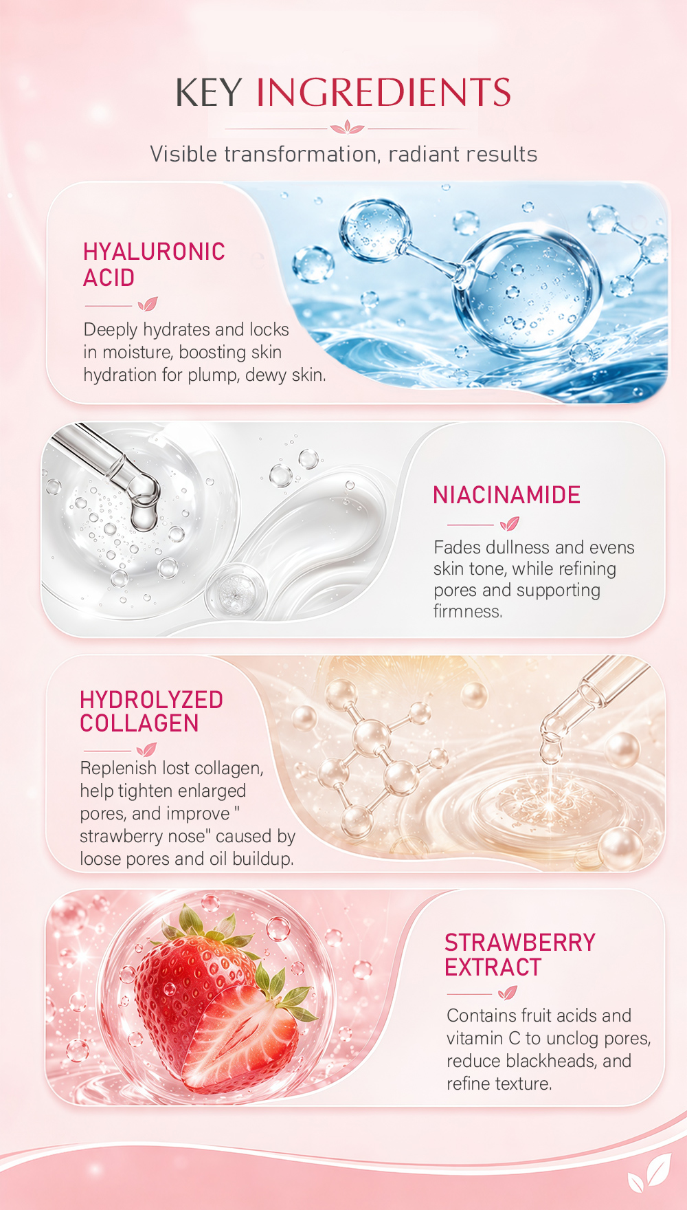 Private Label Niacinamide Hydrolyzed Collagen Strawberry Face Mask Brightening Anti Aging Hydrating OEM(pic4)