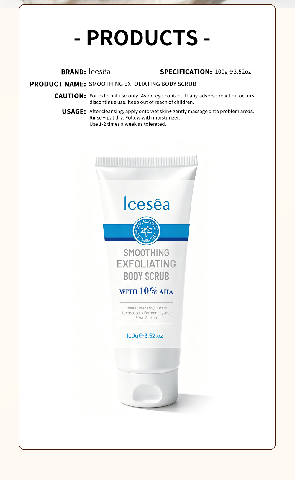 OEM Private Label 10% AHA Smoothing Exfoliating Body Scrub Shea Butter Moisturizing Rough Skin Polishing Treatment 100g(pic5)