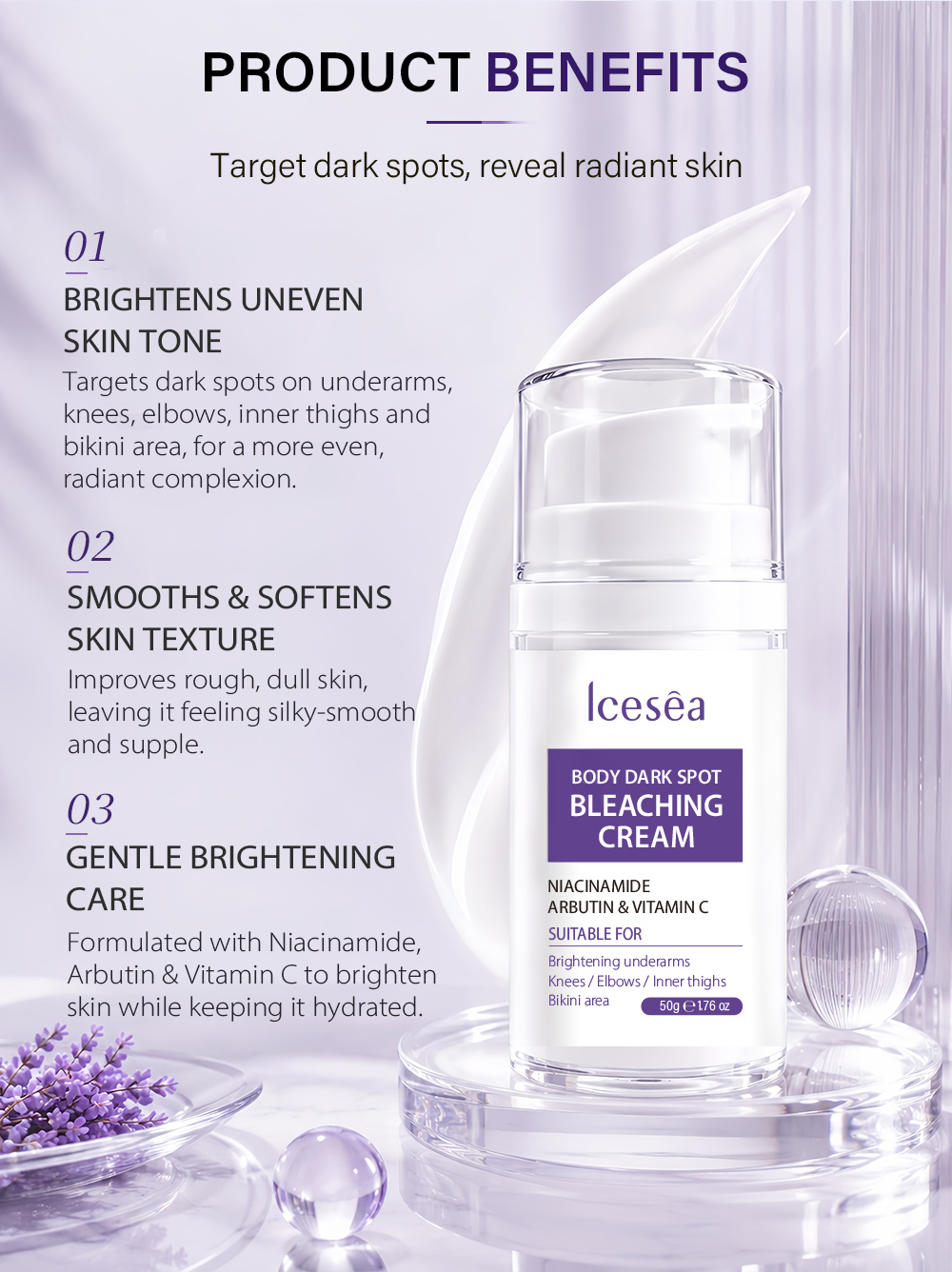 OEM ODM Body Dark Spot Lightening Cream With Niacinamide Arbutin Vitamin C for Inner Thighs Elbows Underarm Brightening 50g(pic3)