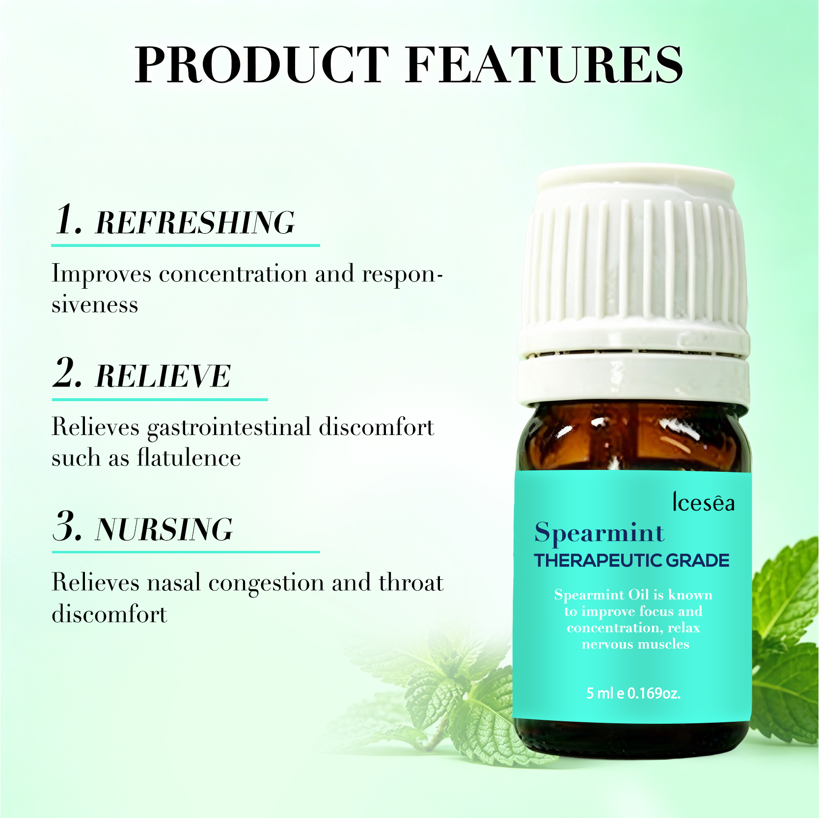 OEM ODM Pure Spearmint Essential Oil 5ml Fresh Mint Scent Calm Tense Body Improve Concentration Home(pic3)