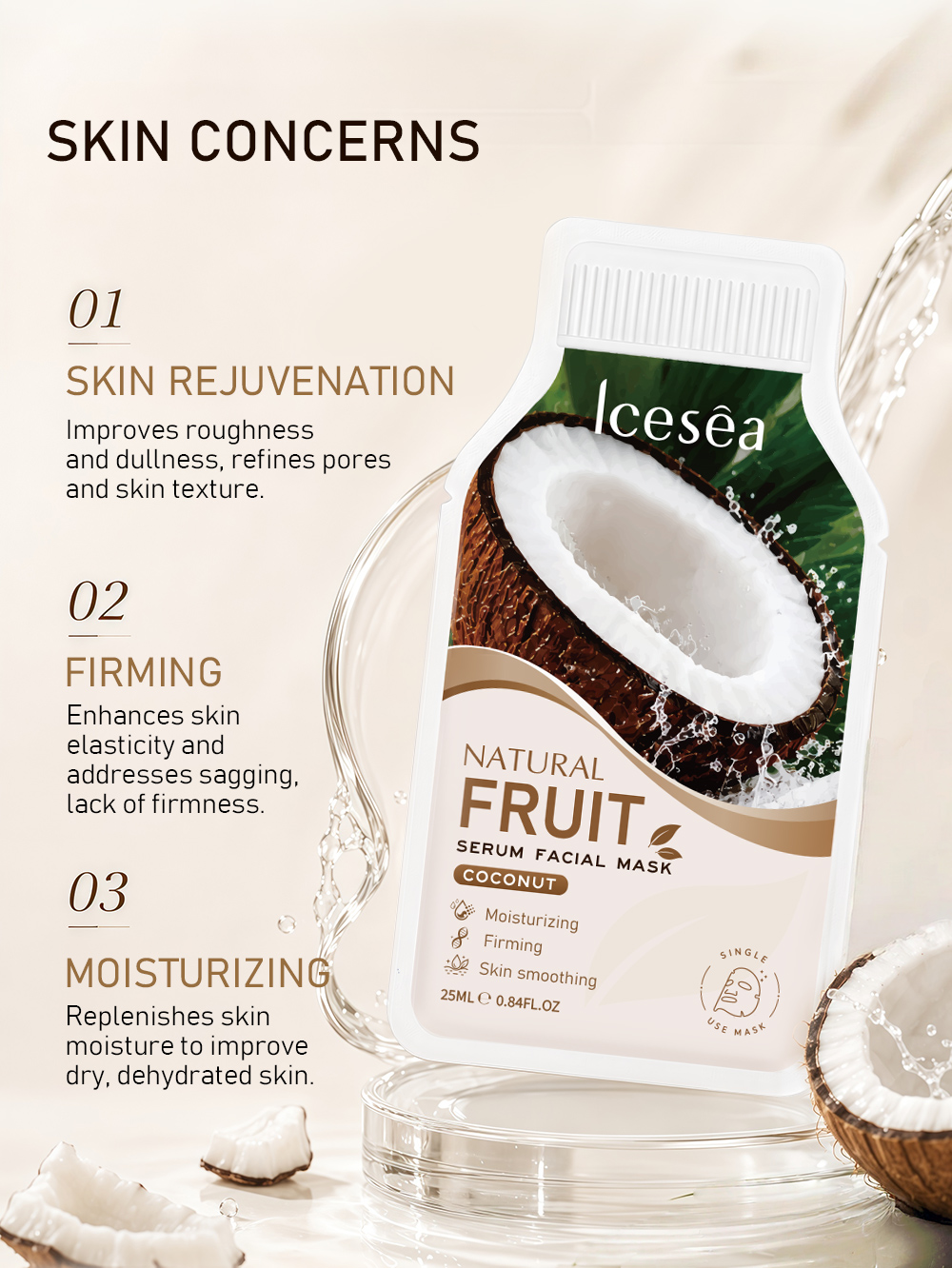 OEM Private Label Coconut Moisturizing Facial Mask, Firming & Smoothing Sheet Mask, 25ml Single-Use(pic3)