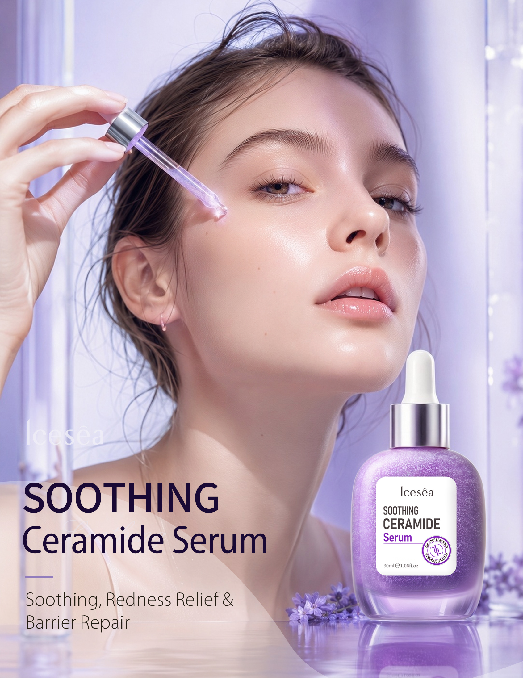 OEM ODM Lavender Ceramide Barrier Repair Serum Gentle Soothing Relieve Facial Redness Hydrating Sensitive Skin Facial Essence(pic1)