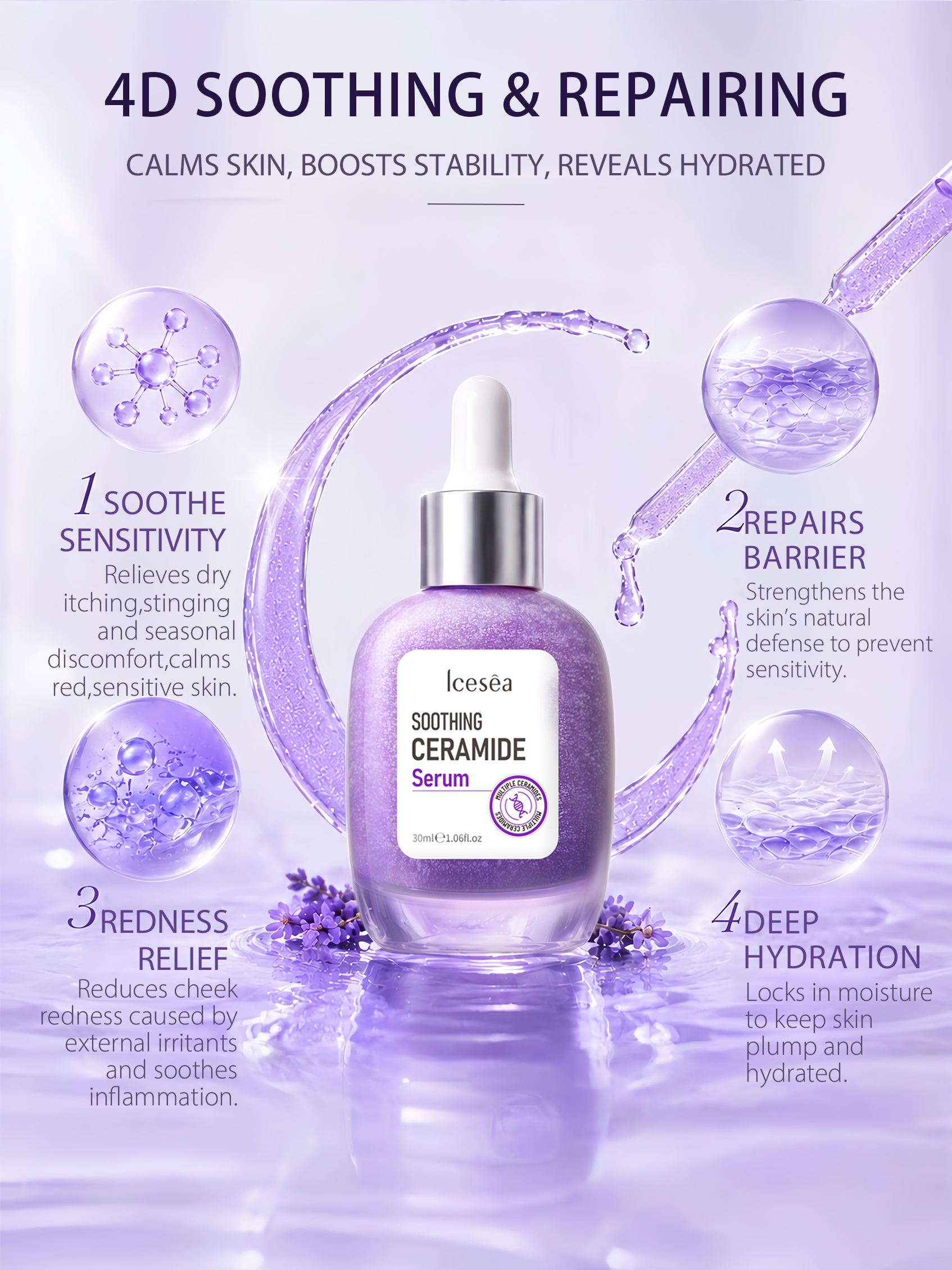 OEM ODM Lavender Ceramide Barrier Repair Serum Gentle Soothing Relieve Facial Redness Hydrating Sensitive Skin Facial Essence(pic3)