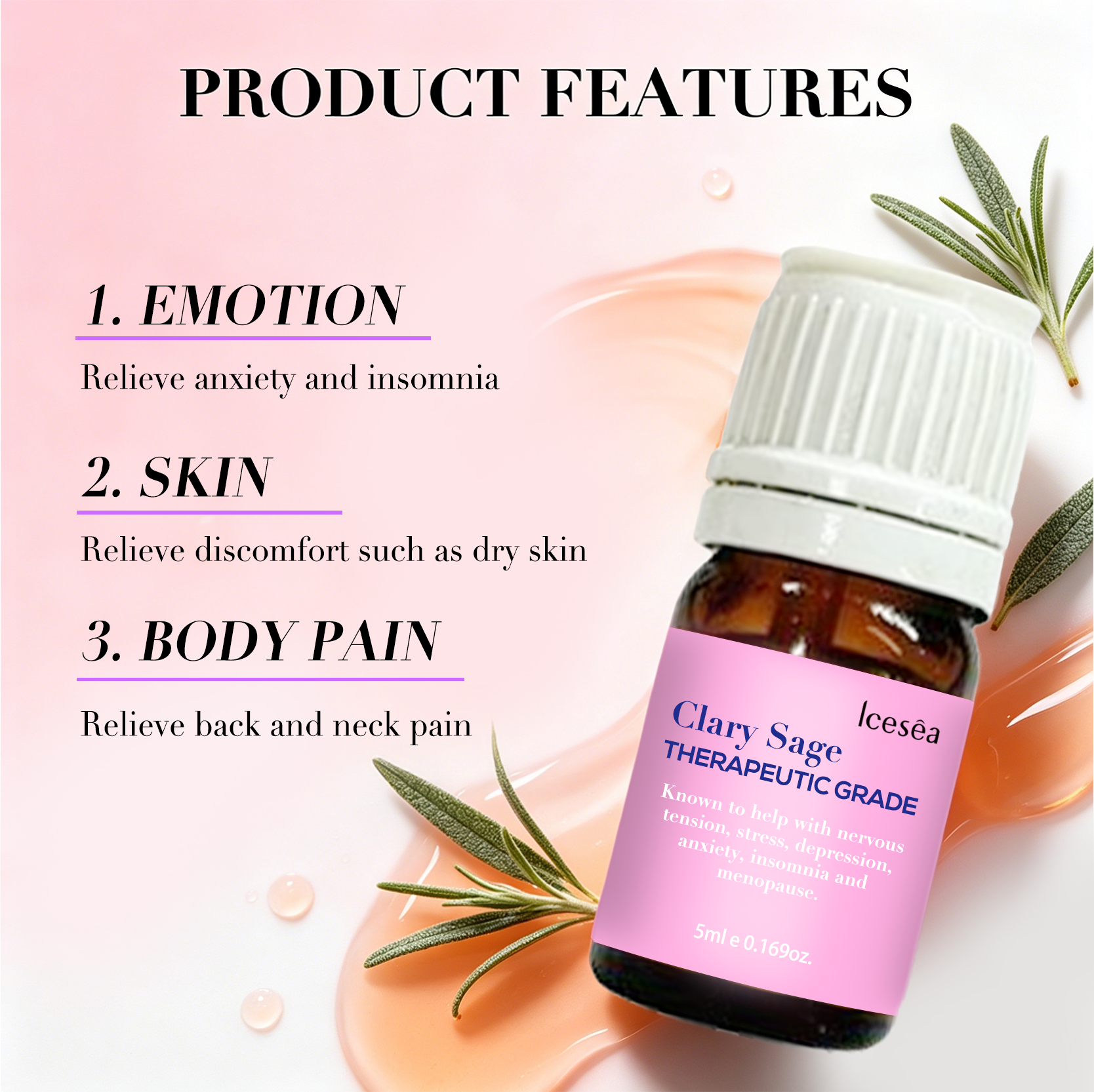 Private Label Clary Sage Aromatherapy Set for Stress Relief Relaxation 100% Pure Natural Calming Essential Oil OEM(pic3)