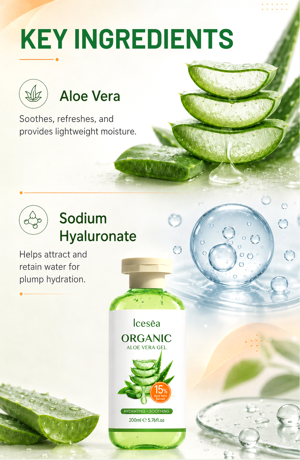 OEM 15% Organic Aloe Vera Gel with Sodium Hyaluronate Soothing Calming for Redness Prone Skin Private Label(pic4)